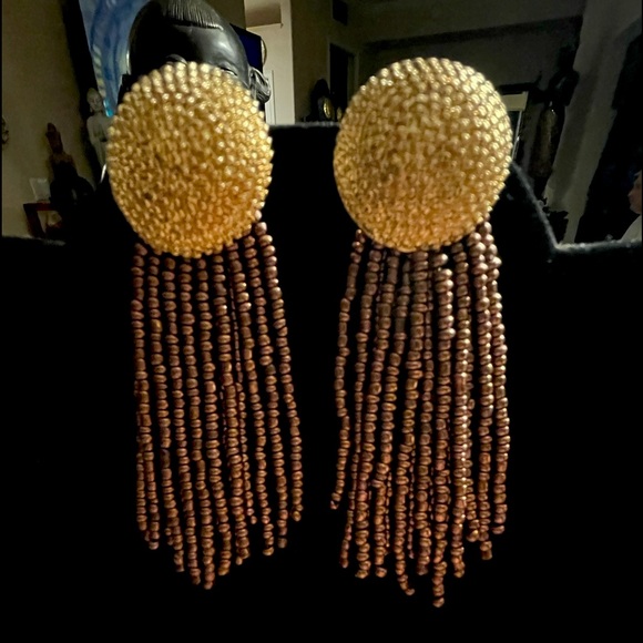 Pierced earrings posts with gold toned braided button long strands of beads - Picture 3 of 9